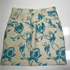 Tibi Skirt White Blue Paisley Gold Trim Mini Skirt Size 6 Pockets floral